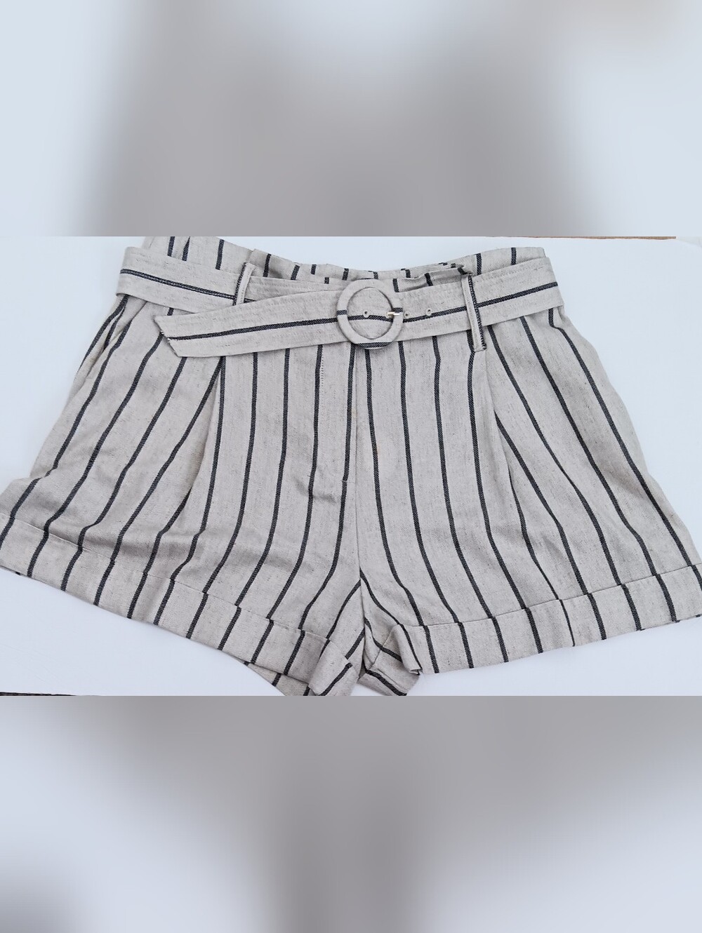 Worthington Striped High-Waist Belted Linen-Blend Women’s  Shorts Gray/Black 14